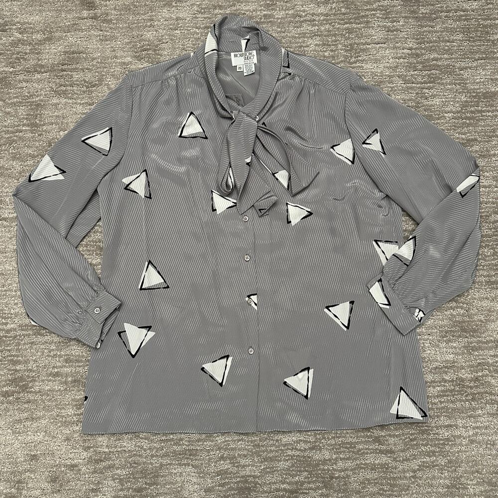 VTG Brownstone Studio Blouse Womens 20 Gray Mod 70s 80s Tie Neck Secretary